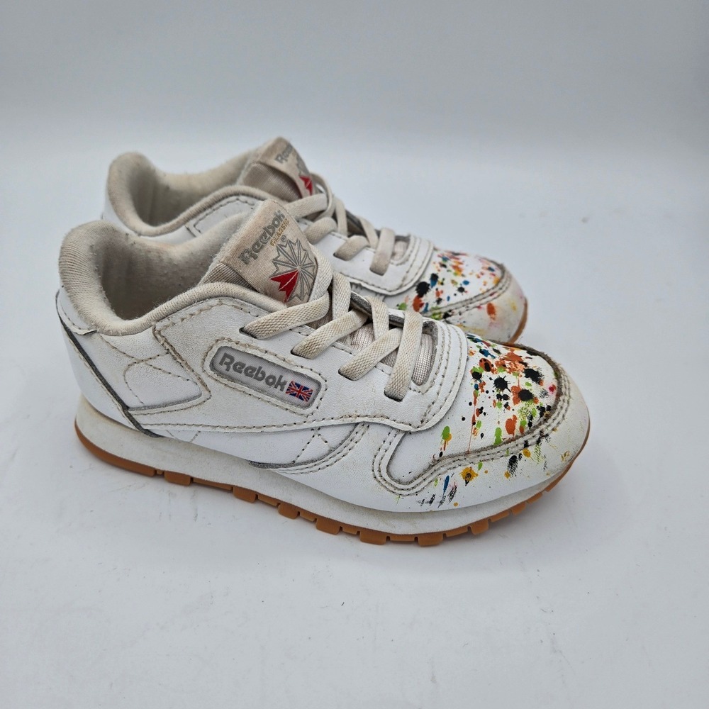Reebok Classic Leather Toddler Sneakers White Multi Color Splatter Paint Shoes